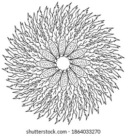 Contour mandala in Form einer großen Blume mit einem üppigen Haufen Blätter um, ein Pflanzenmotiv in Form eines Kreises in der Anti-Stress-Farbseite Umriss Vektorgrafik