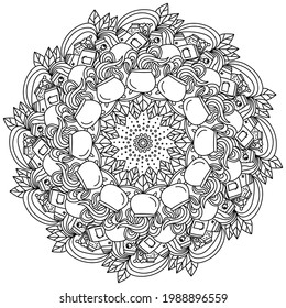 Contour mandala for Halloween, coloring page with festive and magical symbols vector illustration