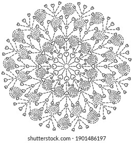 Contour mandala with hearts and spirals, zen valentine's day coloring book vector illustration