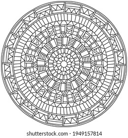 Contour mandala with many linear geometric patterns, zen coloring page vector illustration for creativity