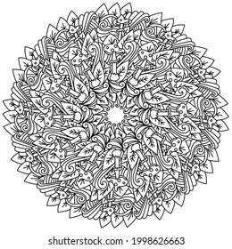 Contour mandala with mushrooms and leaves, abstract coloring page with plant and fantasy motifs vector illustration