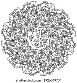 Contour mandala on science theme, coloring page with various scientific flasks, test tubes and molecular structure models vector illustration