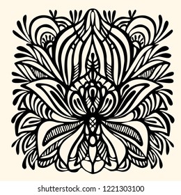 The contour of the mandala on a white background, resembling a mystical mask or flowers. Vector image suitable for printing on textiles, tattoo, postcard, decoration, stickers.