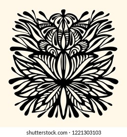 The contour of the mandala on a white background, resembling a mystical mask or flowers. Vector image suitable for printing on textiles, tattoo, postcard, decoration, stickers.