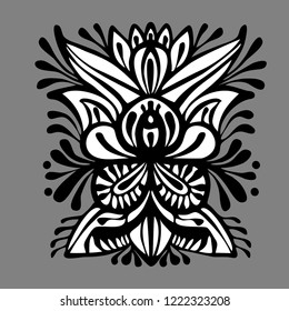 The contour of the mandala on a white background, resembling a mystical mask or flowers. Vector image suitable for printing on textiles, tattoo, postcard, decoration, stickers.