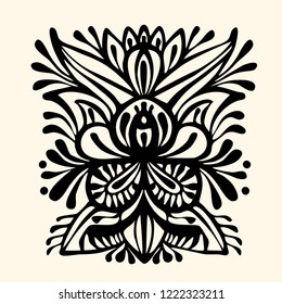 The contour of the mandala on a white background, resembling a mystical mask or flowers. Vector image suitable for printing on textiles, tattoo, postcard, decoration, stickers.