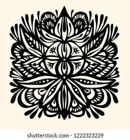 The contour of the mandala on a white background, resembling a mystical mask or flowers. Vector image suitable for printing on textiles, tattoo, postcard, decoration, stickers.