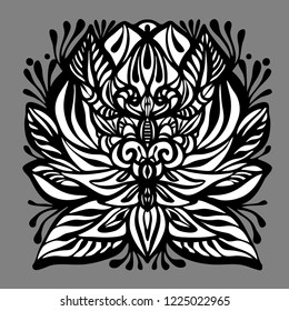 The contour of the mandala on a white background, resembling a mystical mask or flowers. Vector image suitable for printing on textiles, tattoo, postcard, decoration, stickers.