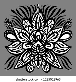 The contour of the mandala on a white background, resembling a mystical mask or flowers. Vector image suitable for printing on textiles, tattoo, postcard, decoration, stickers.