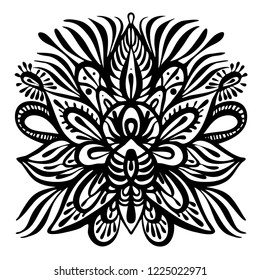 The contour of the mandala on a white background, resembling a mystical mask or flowers. Vector image suitable for printing on textiles, tattoo, postcard, decoration, stickers.