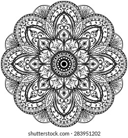Contour mandala on a white background. Sketch of tattoo. Circular vintage ornament.