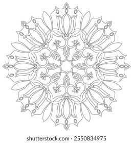 Contour mandala ornament for coloring and scrapbooking. Symmetrical pattern in Tantric yoga of Buddhism and Hinduism. A design element for the development of a color composition