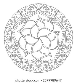 Contour mandala ornament for coloring and scrapbooking. Symmetrical pattern in Tantric yoga of Buddhism and Hinduism. A design element for the development of a color composition