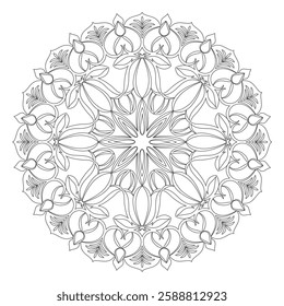 Contour mandala ornament for coloring and scrapbooking. Symmetrical pattern in Tantric yoga of Buddhism and Hinduism. A design element for the development of a color composition