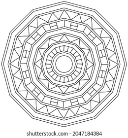 Contour mandala with polygons and triangles, coloring page in the form of a circular patterned figure vector illustration