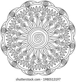 Contour mandala of spiral curls and a large spiral in the center, meditative coloring page with ornate patterns vector illustration