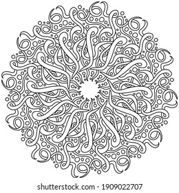 Contour mandala with tangled curls and circles of different sizes, ornate loops in zen coloring page vector illustration
