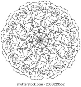 Contorte mandala de las nubes troncales con una página de alumbrado, de color meditativo con las flechas ilustradas en vectores
