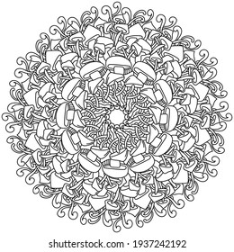 Contour mandala of various mushrooms, meditative coloring page with natural elements vector illustration