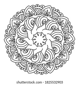 Contour mandala with waves, curls and stripes, round ornate pattern of simple lines, vetor outline illustration for design and creativity