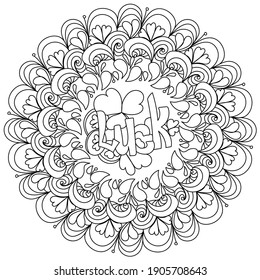 Contour mandala with the word Luck in the center, coloring page with symbols of St. Patrick's Day vector illustration