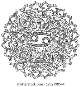 Contour mandala zodiac sign Cancer coloring page with meditative patterns and intricate swirls vector illustration