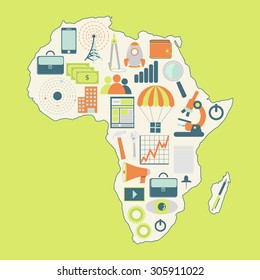 Contour map of Africa with icons of technology, business, science, communication.