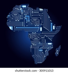 Contour Map Of Africa With A Technological Electronics Circuit.
