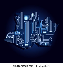 Contour map of Amazonas with a technological electronics circuit. Brazilian state. Blue background.
