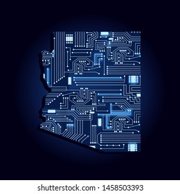 Contour map of Arizona with a technological electronics circuit. USA state. Blue background.
