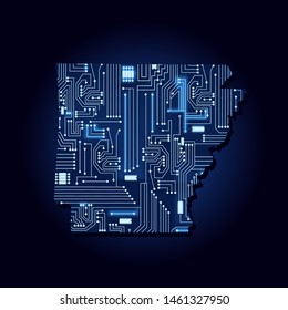 Contour map of Arkansas with a technological electronics circuit. USA state. Blue background.
