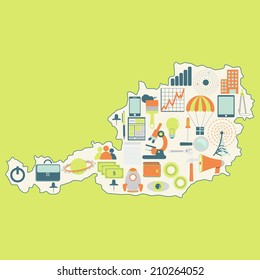 Contour map of Austria with icons of technology, business, science, communication. Map of Austria with technology icons