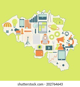 Contour map of Belgium with icons of technology, business, science, communication. Map of Belgium with technology icons
