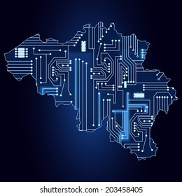 Contour map of Belgium with a technological electronics circuit. Map of Belgium with electronic circuit. 