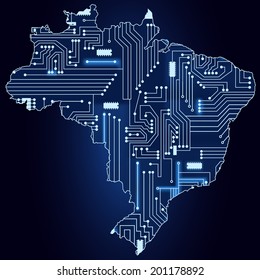 Contour map of Brazil with a technological electronics circuit. Map of brazil with electronic circuit