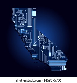 Contour map of California with a technological electronics circuit. USA state. Blue background.
