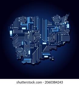 Contour map of Cambodia with a technological electronics circuit.
