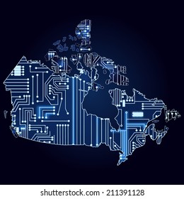 Contour map of Canada with a technological electronics circuit. Map of Canada with electronic circuit