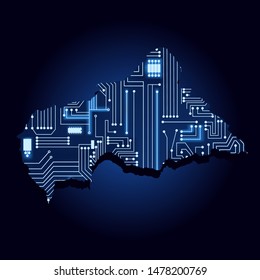 Contour map of Central African Republic with a technological electronics circuit. African country. Blue background.

