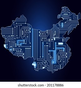 Contour map of China with a technological electronics circuit. Map of China with electronic circuit