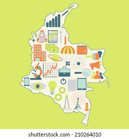 Contour map of Colombia with icons of technology, business, science, communication. Map of Colombia with technology icons