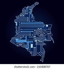 Contour map of Colombia with a technological electronics circuit. Map of Colombia with electronic circuit