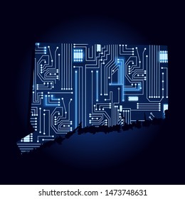 Contour map of Connecticut with a technological electronics circuit. USA state. Blue background.
