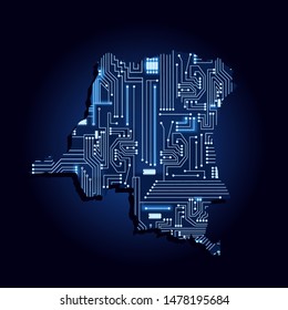 Contour map of Democratic Republic of Congo with a technological electronics circuit. African country. Blue background.
