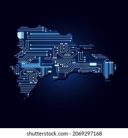 Contour map of Dominican Republic with a technological electronics circuit.