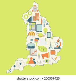 Contour map of England with icons of technology, business, science, communication. Map of England with technology icons