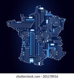 Contour map of France with a technological electronics circuit. Map of France with electronic circuit