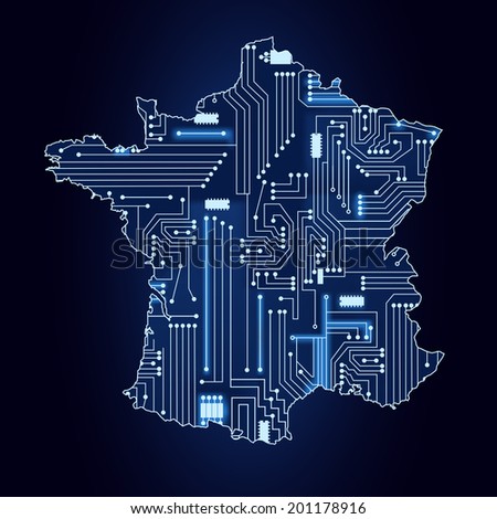 Contour map of France with a technological electronics circuit. Map of France with electronic circuit