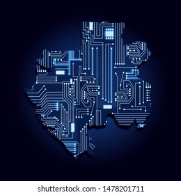 Contour map of Gabon with a technological electronics circuit. African country. Blue background.
