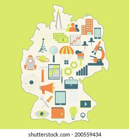 Contour map of Germany with icons of technology, business, science, communication. Map of Germany with technology icons